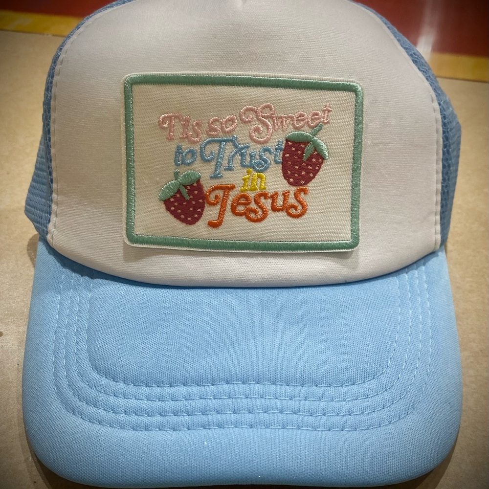 Blue and White Trucker Hat with Embroidered Patch